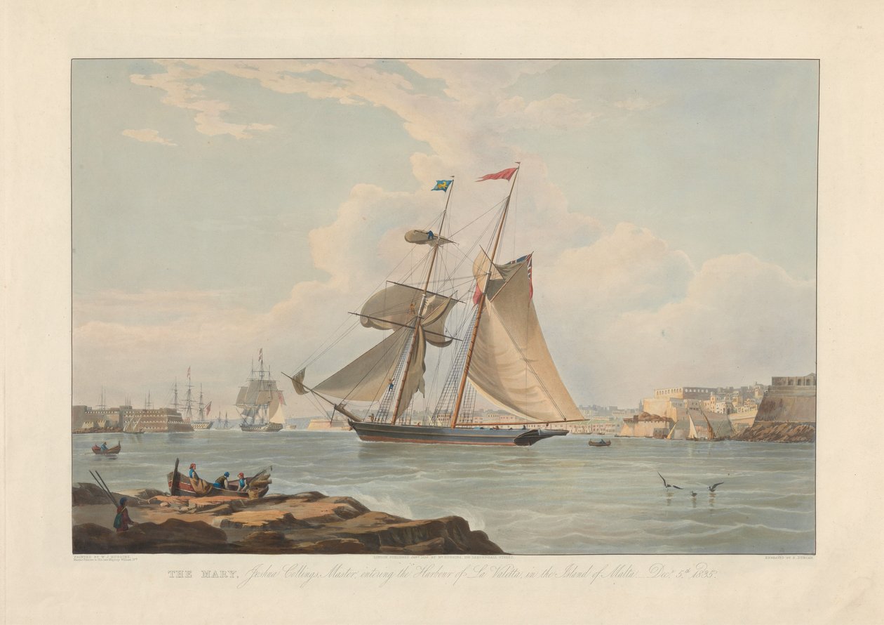 Mary, Joshua Collings, kaptein, på vei inn i havnen i La Valletta på øya Malta, 5. des. 1835 av Edward Duncan