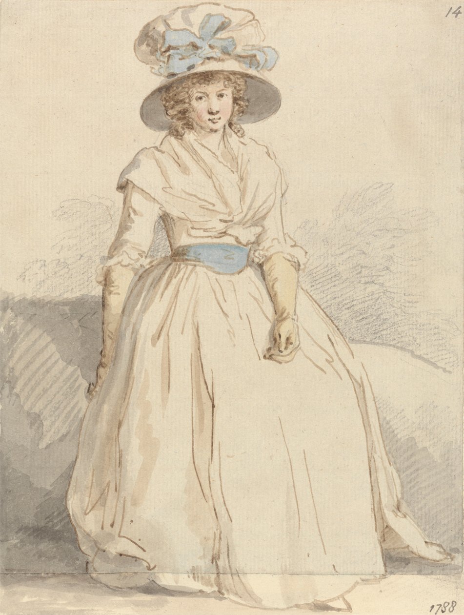 En ung dame sitter i en hvit kjole av Edward Edwards