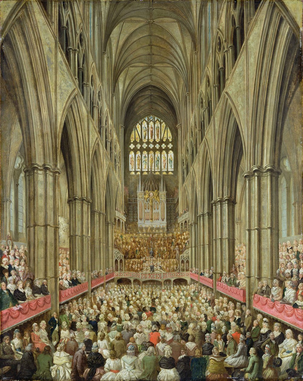 Et interiørbilde av Westminster Abbey ved markeringen av Händels hundreårsjubileum, tatt fra Manager