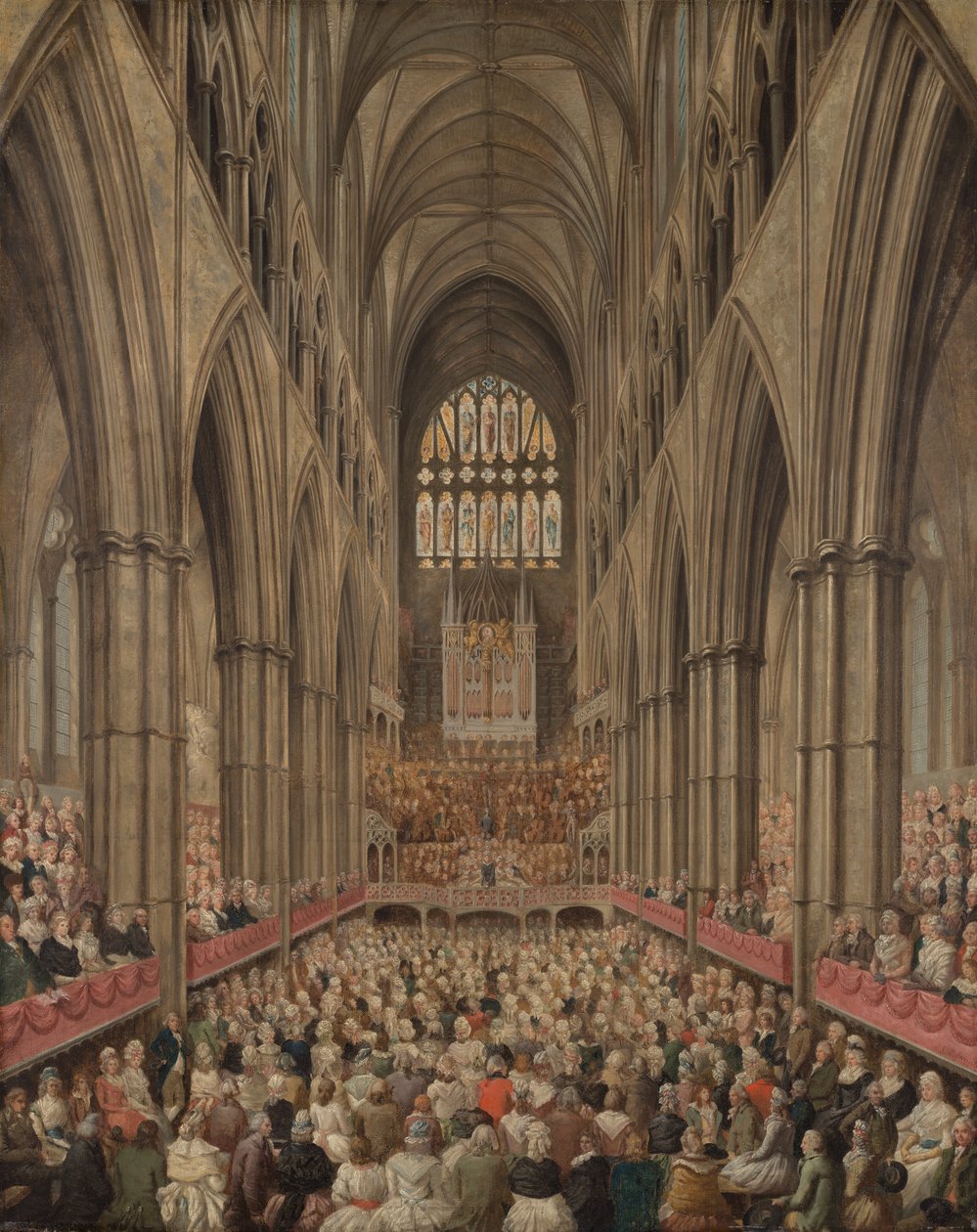 Interiørvisning av Westminster Abbey ved minnesmerke av Handel, hentet fra Manager's Box av Edward Edwards