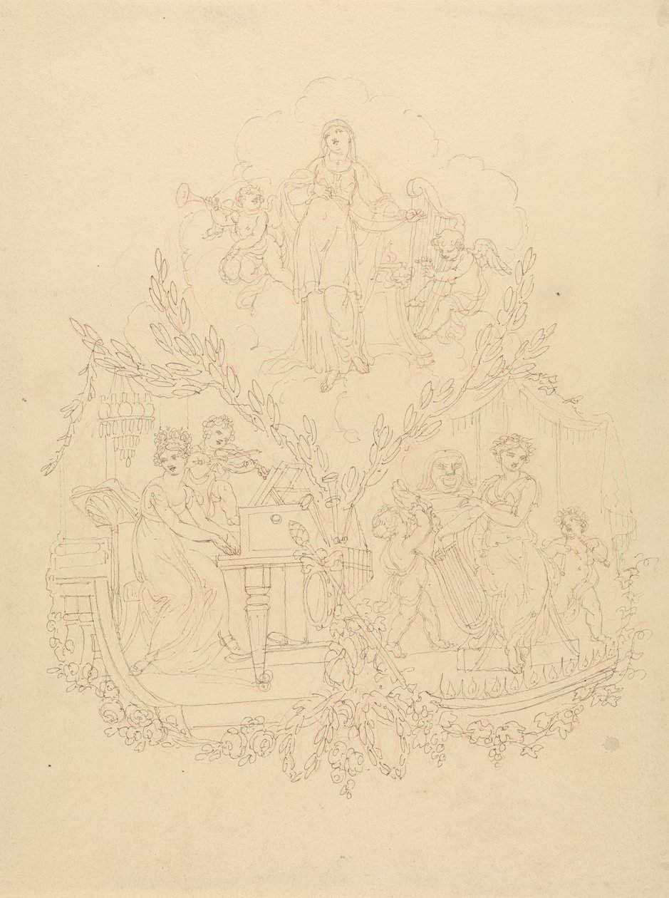 Kvinnelige figurer og Putti som spiller musikkinstrumenter av Edward Francis Burney