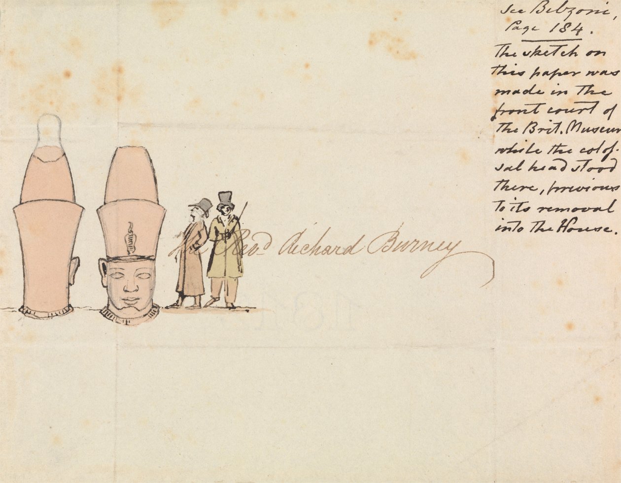Brev til pastor Richard Burney med tegning av Colossal Head fra British Museum Courtyard av Edward Francis Burney
