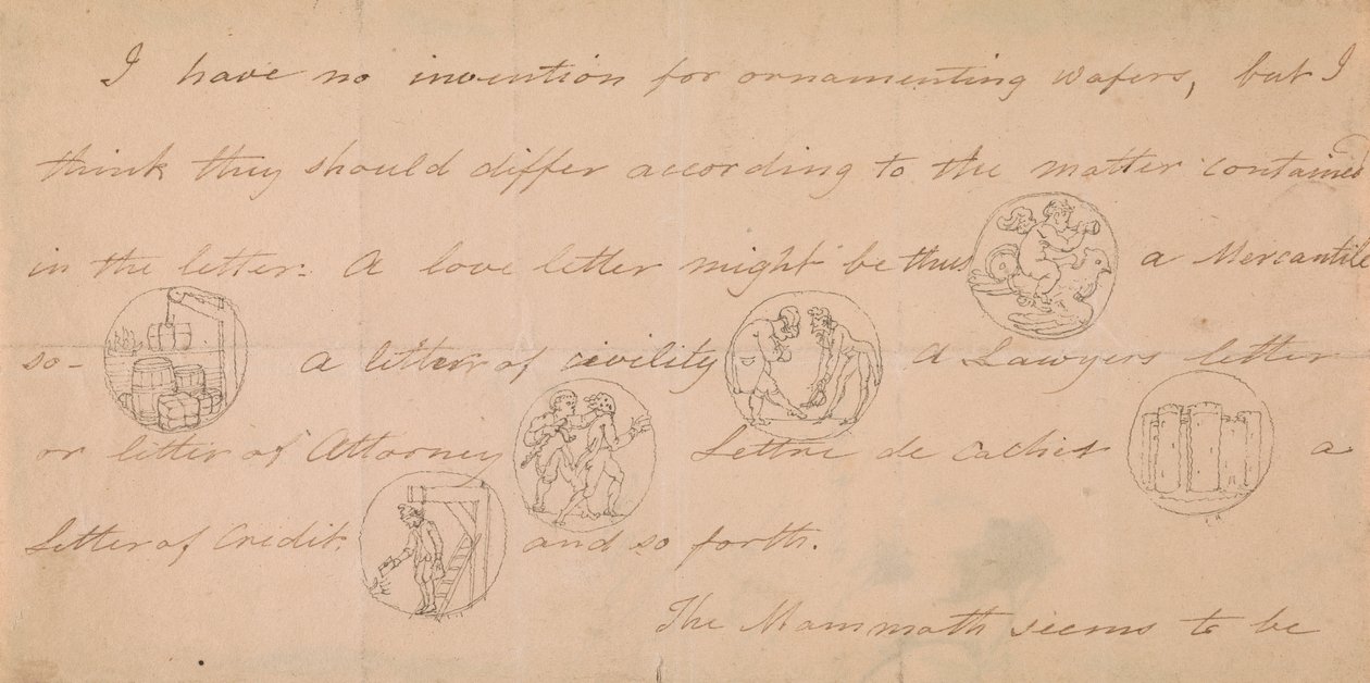 Brev med design for signeter (?) av Edward Francis Burney