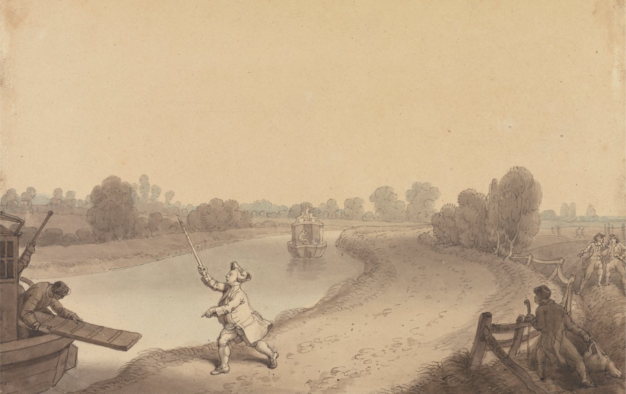 Paddington Canal: The Junction at Wormwood Scrubbs, med en passasjer som hyller Uxbridge Passage Boat av Edward Francis Burney