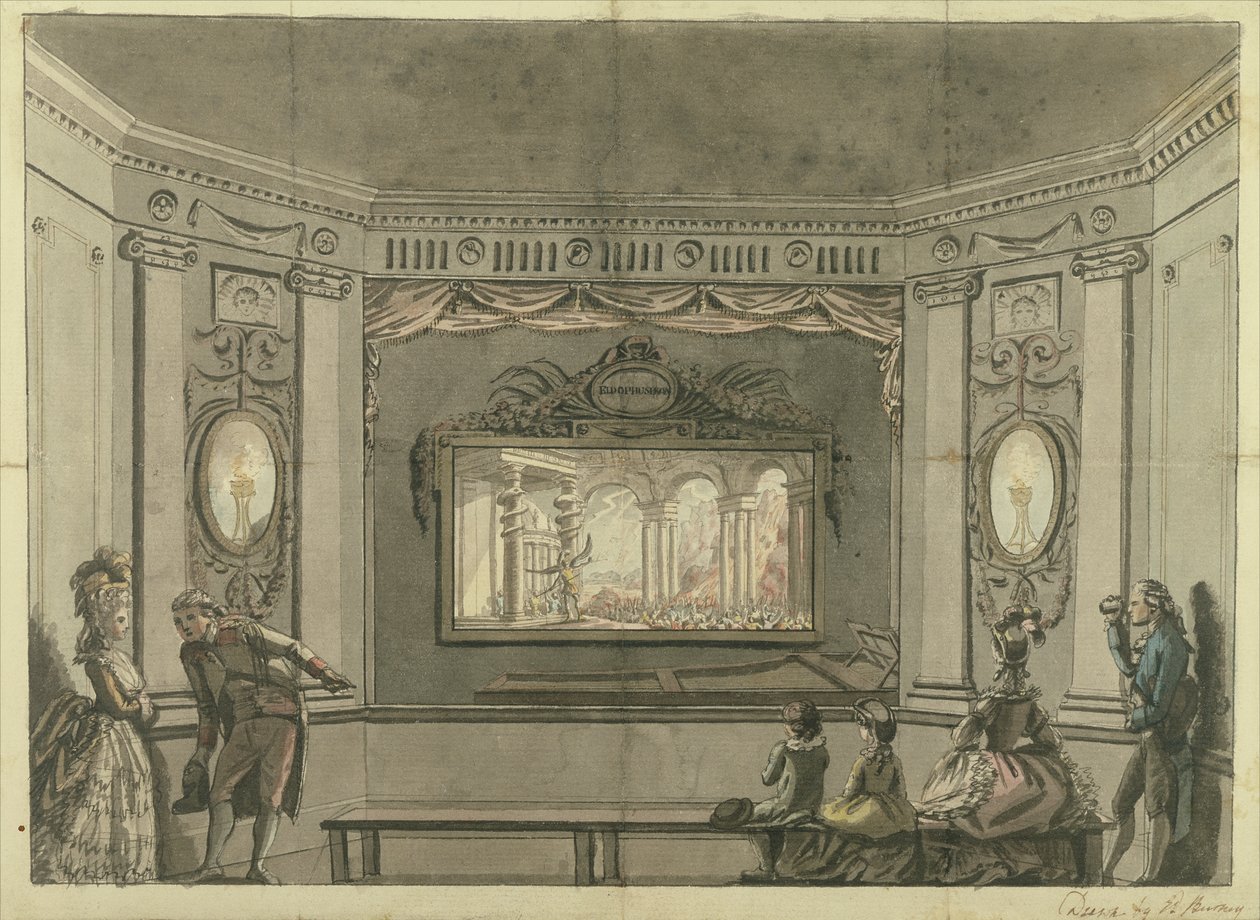 Maleri av de Loutherbourgs Eido Phusikon som viser Satan som vekker opprørsenglene av Edward Francis Burney