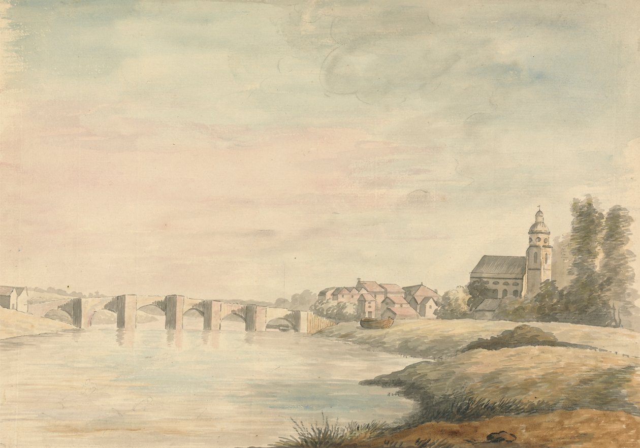 Elvelandskap med bro av Edward Francis Burney