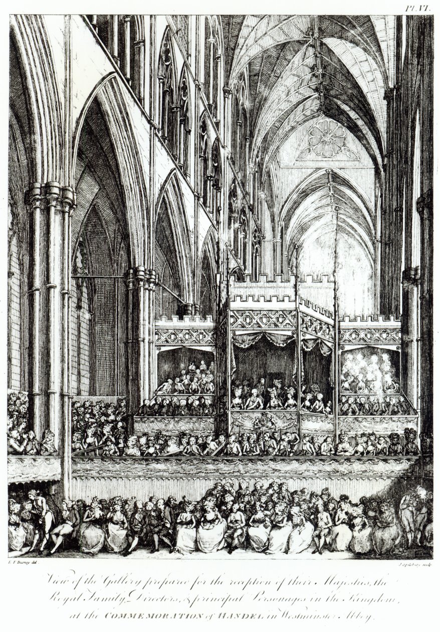 Utsikt over galleriet forberedt for mottakelsen av deres majesteter, kongefamilien, direktører og hovedpersonligheter i kongeriket ved markeringen av Handel i Westminster Abbey, gravert av Joh av Edward Francis Burney