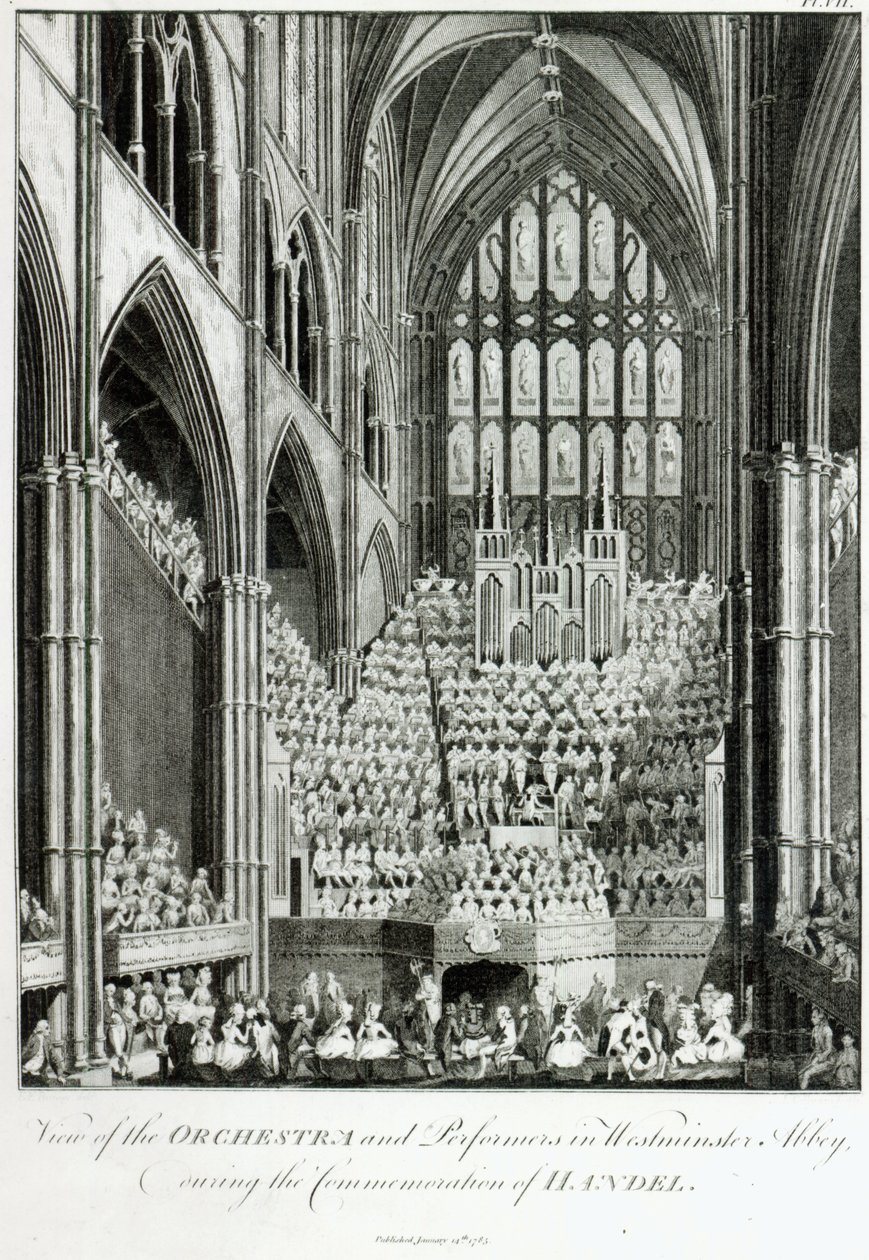 Utsikt over orkesteret og utøverne i Westminster Abbey, under Commemoration of Handel, utgitt av Charles Burney, 1785 av Edward Francis Burney
