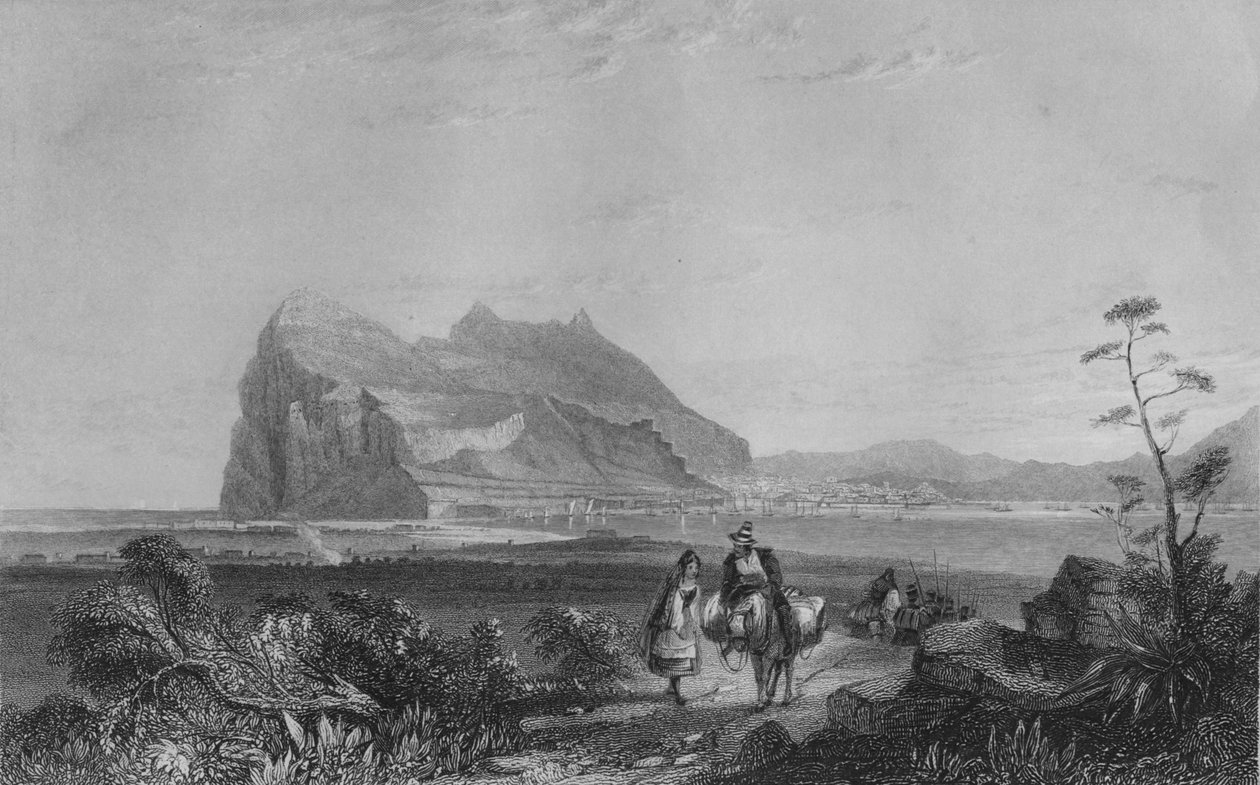 Gibraltar. Fra det nedre signaltårnet ved foten av dronningen av Spanias stol, 1840 av Edward Francis Finden