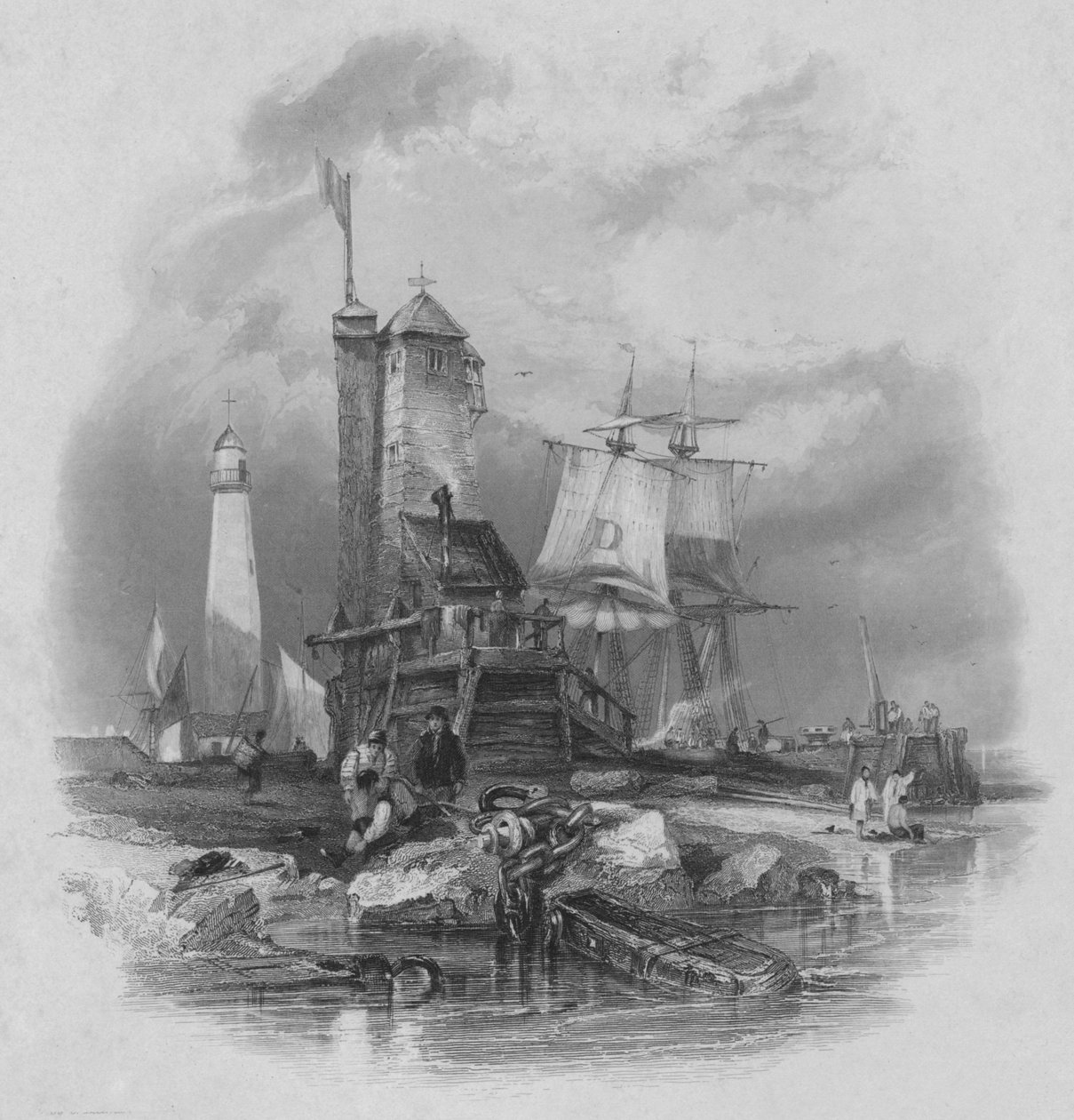 Sunderland: fyret på sørbryggen, 1836 av Edward Francis Finden