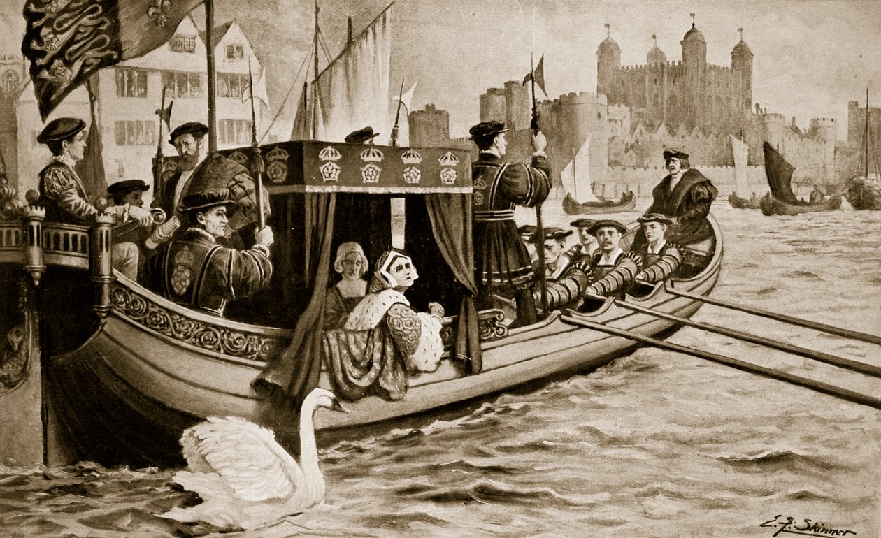 Catherine Howard blir fraktet til tårnet, illustrasjon fra «Hutchinsons historie om den britiske nasjonen», ca. 1923 (lito) av Edward Frederick Skinner