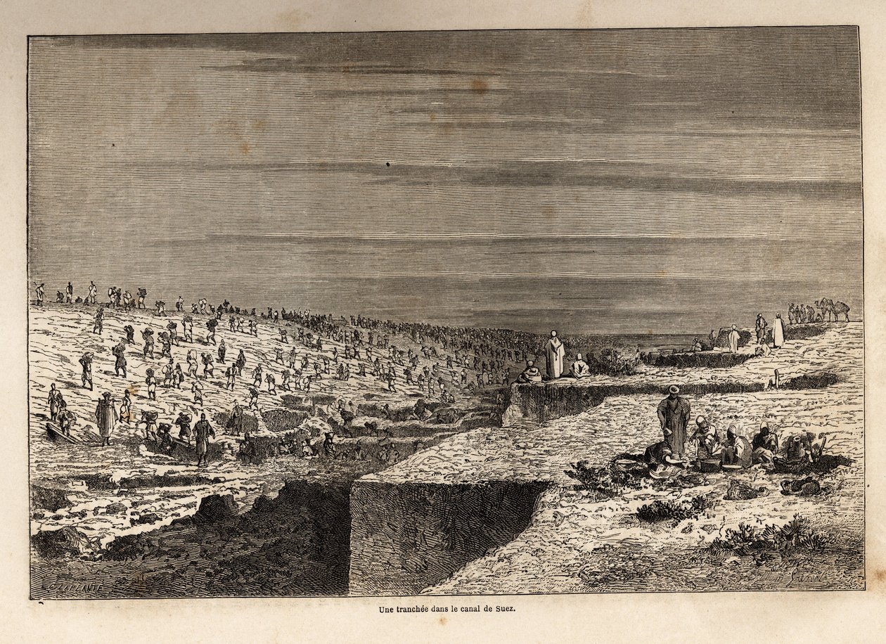 En grøft i Suez-kanalen, tegning av Grenet, for å illustrere en utflukt til Suez-kanalen i 1862 av Paul Merruau. Gravering i "" Le tour du monde"", redigert av Edouard Charton av Edward Grenet