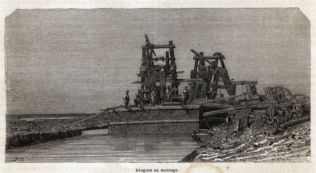 Mudre på Suez-kanalen, tegning av Grenet, for å illustrere en utflukt til Suez-kanalen i 1862 av Paul Merruau. Gravering i "" Le tour du monde"", redigert av Edouard Charton av Edward Grenet