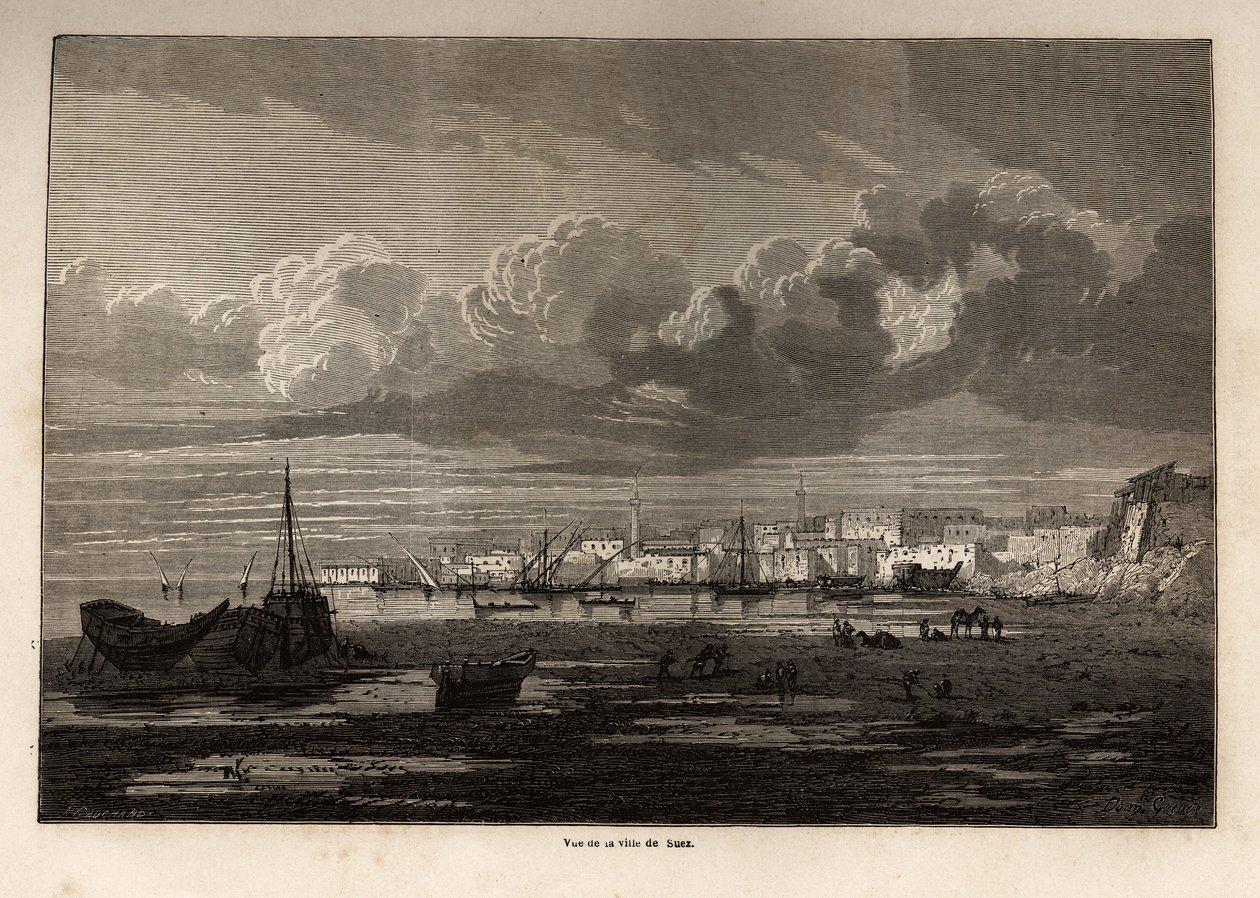 Utsikt over byen Suez (Egypt), tegning av Grenet, for å illustrere en utflukt til Suez-kanalen, i 1862, av Paul Merruau. Gravering i "" Le tour du monde"", redigert av Edouard Charton av Edward Grenet