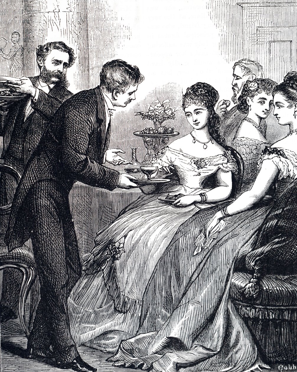 Gravering som viser en herre som gir en dame et fat med gelé ved en kveldsmat av Edward Hughes