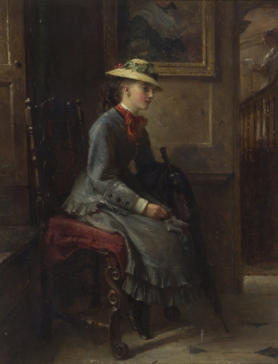 Interiør med en ventende jente (olje på lerret) av Edward Hughes