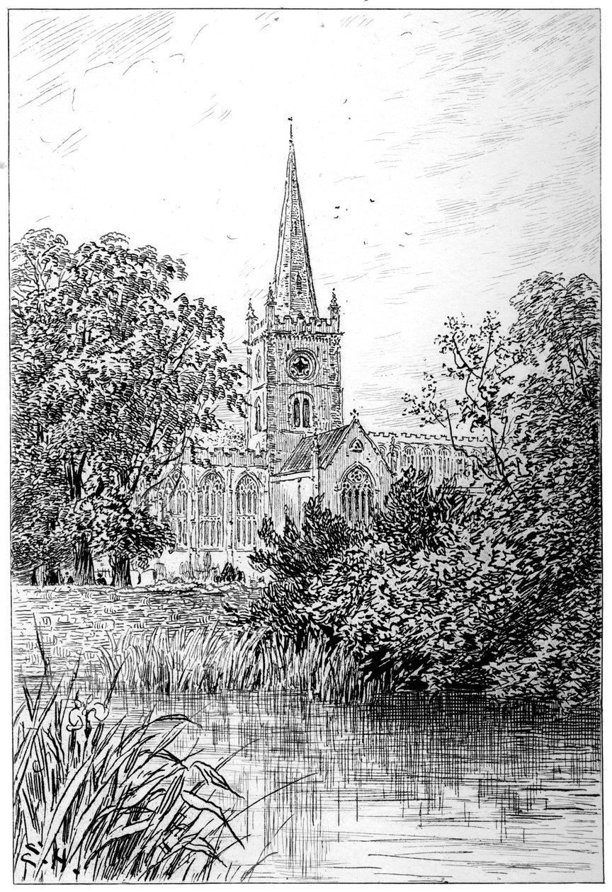 Stratford kirke sett fra elven, Stratford-upon-Avon, Warwickshire, 1885. av Edward Hull