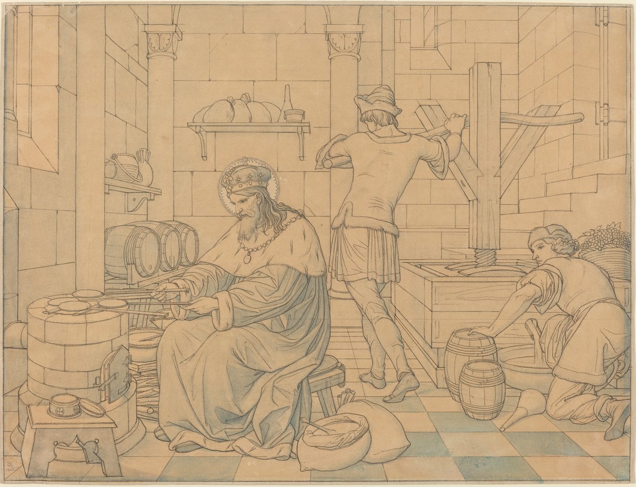 Saint Wenzel Cooking Hosts as Two Youths Press Wine av Edward Jakob von Steinle