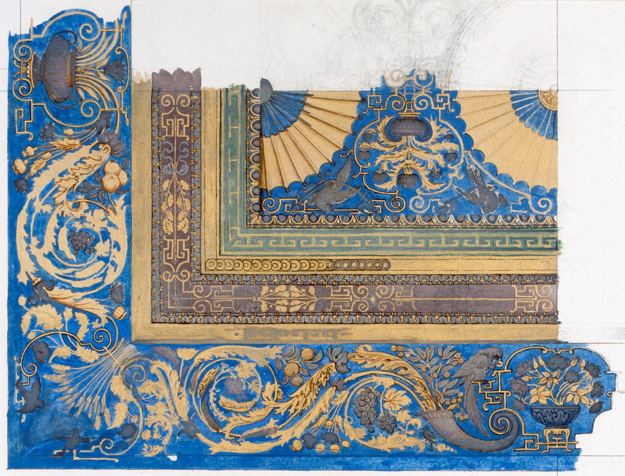 Design for sentraltaket i biljardrommet i Wortley Hall (penn, blekk og wc på papir) av Edward John Poynter