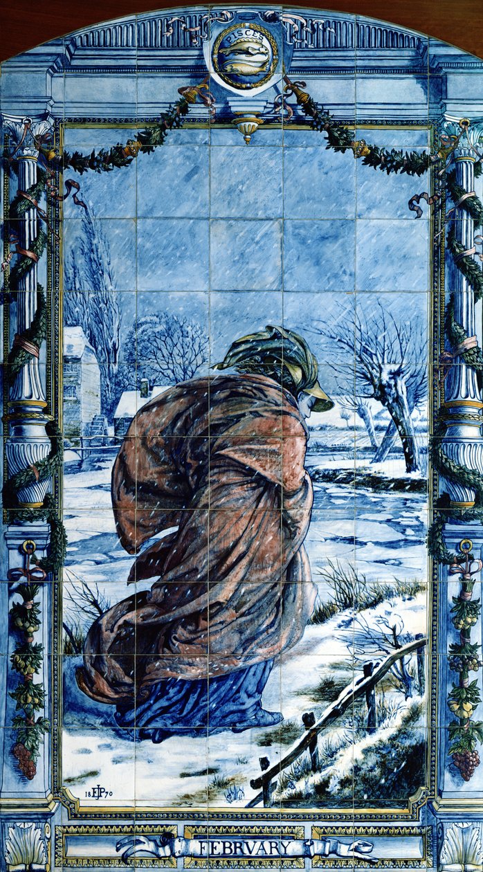 februar, fra en serie flispaneler for det nederlandske kjøkkenet, 1867-8 av Edward John Poynter