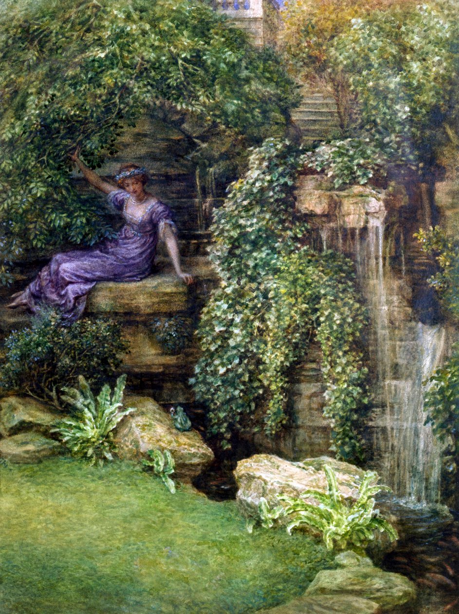«Prinsessen og frosken» Møte mellom en ung prinsesse og en frosk i en romantisk hage (Prins Charming), maleri av Edward John Poynter (1836–1919) (prerafaelitt) av Edward John Poynter