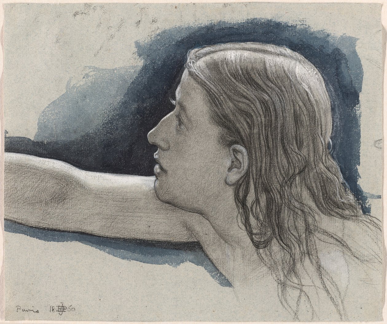 Studie av en ung manns hode med høyre arm utstrakt av Edward John Poynter