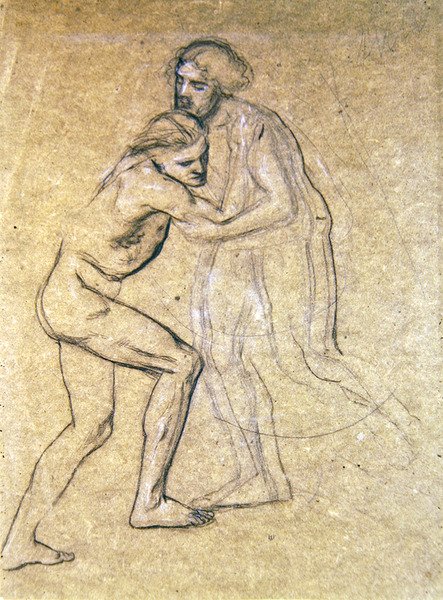 Studie av to nakne menn som omfavner for The Prodigals Return, 1869 (kritt på papir) av Edward John Poynter