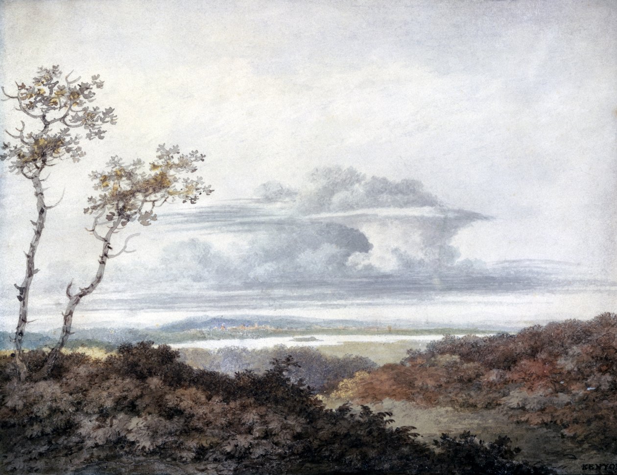 Landlig landskap med senere skystudier av Luke Howard (1772-1864) ca. 1808-11 (wc på papir) av Edward Kennion