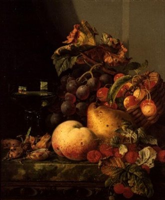 Et stilleben av et glass vin, kirsebær og annen frukt på en avsats av Edward Ladell