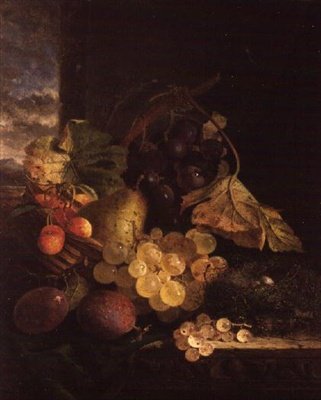 Et stilleben med en kurv med frukt og et fuglerede på en trehylle av Edward Ladell