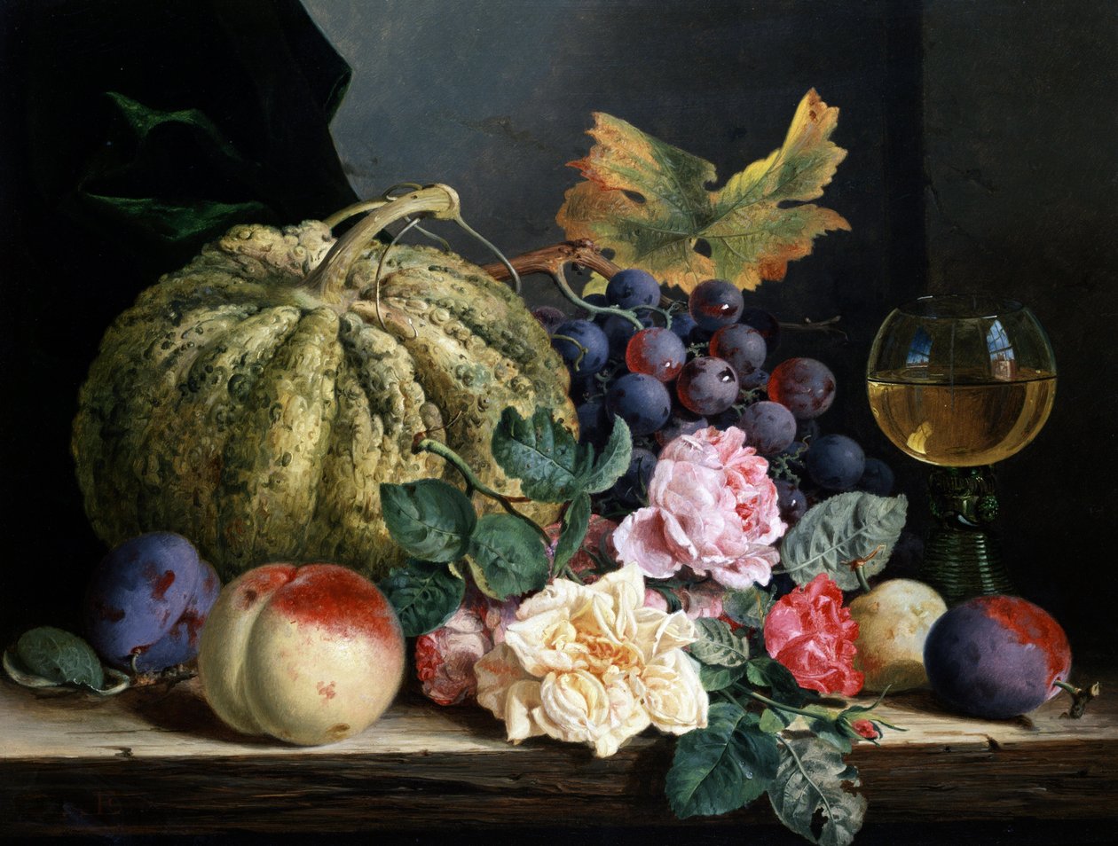Stilleben av blomster og frukt. Maleri av Edward Ladell (1821–1886). Privat samling. av Edward Ladell