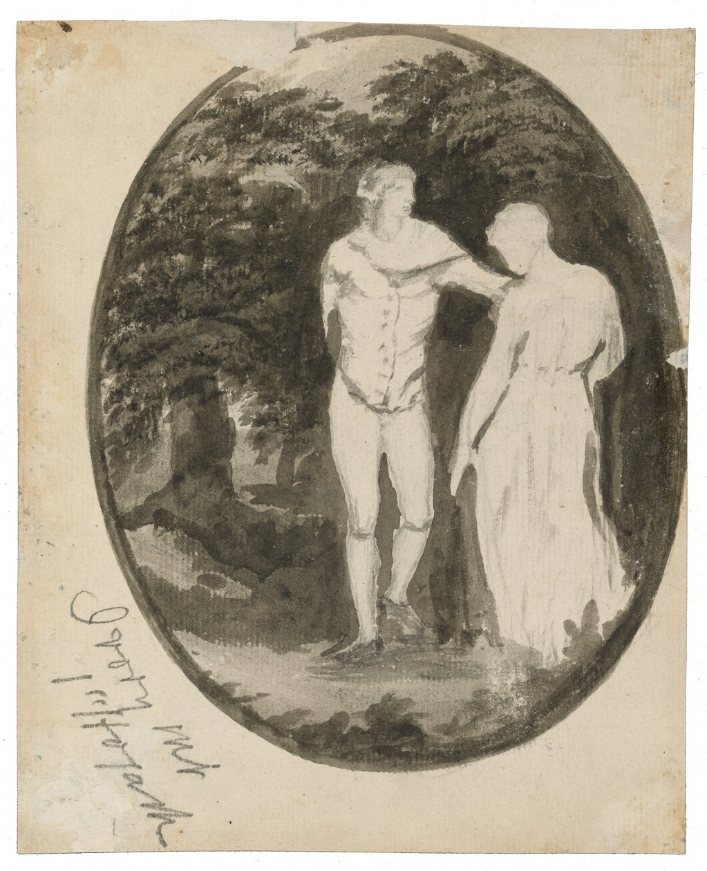 Et par i et skogslandskap satt i en oval (verso), ca. 1838-1848 (blekk og vask på lagt papir) av Edward Lear