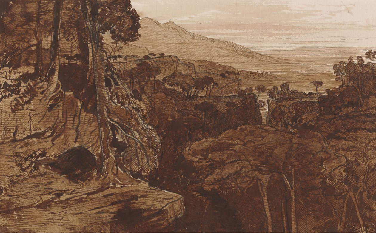 Bavella, Corsica, ca. 1868 (penn og blekk med vask på papir) av Edward Lear