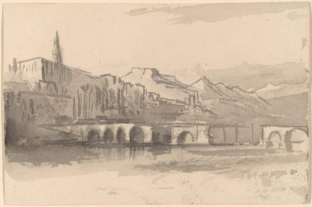 Bro med fjell i det fjerne Ventimiglia, 18841885. av Edward Lear