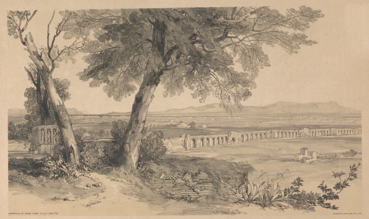 Landskapet utenfor Roma sett fra Villa Mattei, fra *Utsikter i Roma og omegn*, 1841 av Edward Lear