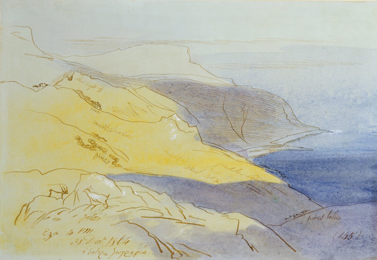 Kystlandskap, Eza, 1864 (wc, penn og blekk på papir) av Edward Lear