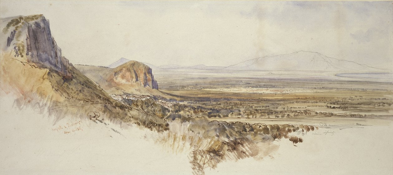 Fjernsyn over Borghetto og Partenico, Sicilia, 1847 (penn og brunt blekk med akvarell og grafitt på off-white papir) av Edward Lear