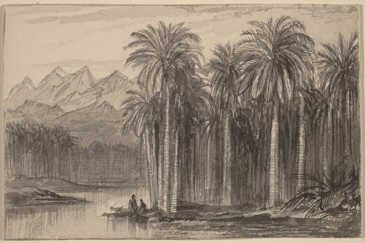Figurer som legger ut i kanoer fra en palmelund (Wadi Feiran) av Edward Lear