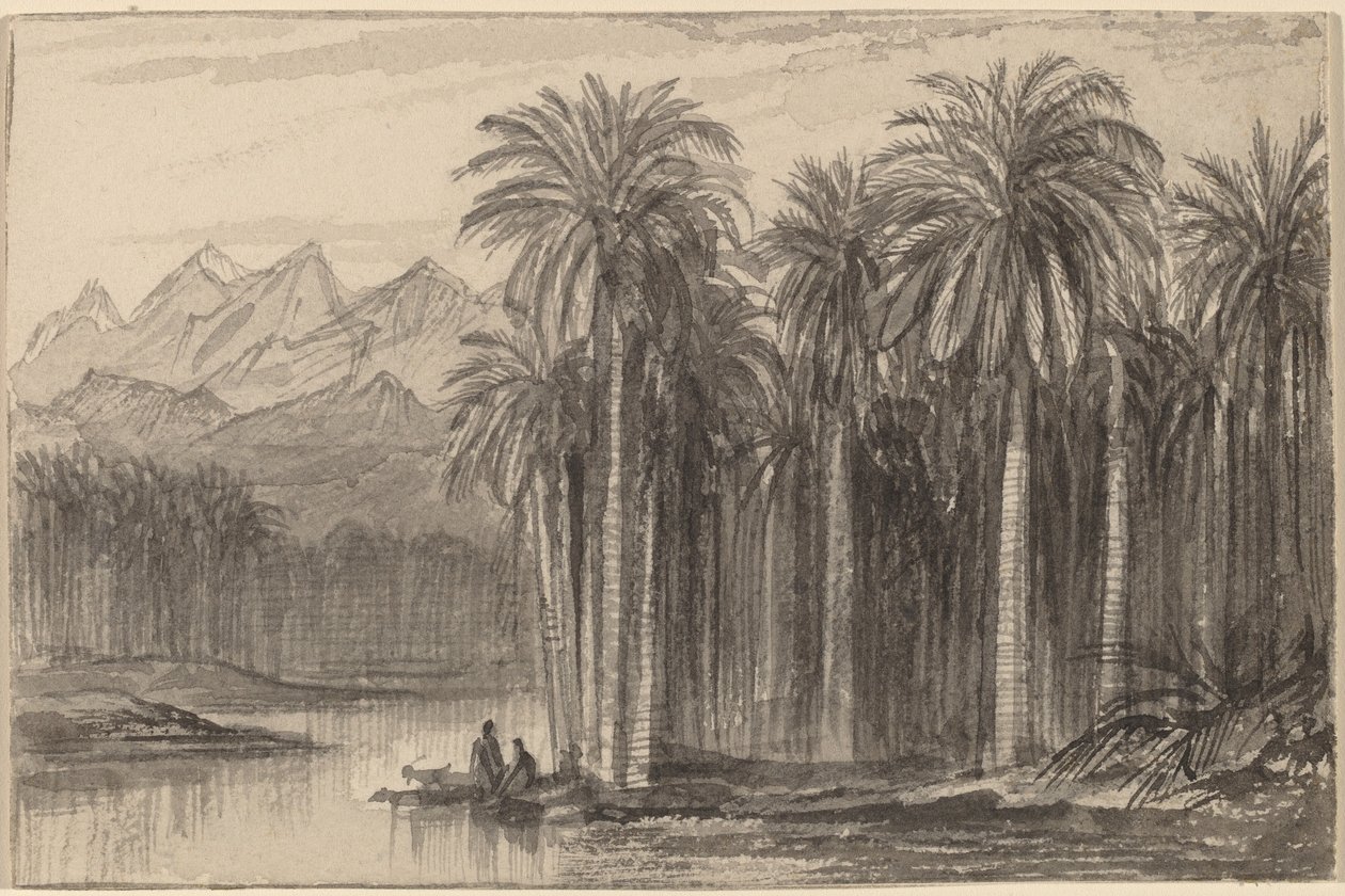 Figurer som setter ut i kanoer fra en palmelund Wady Feiran, 18841885. av Edward Lear