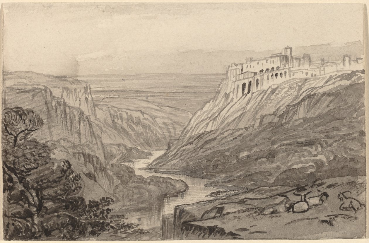 Geiter hviler over en elvekløft (Narni, Italia) av Edward Lear
