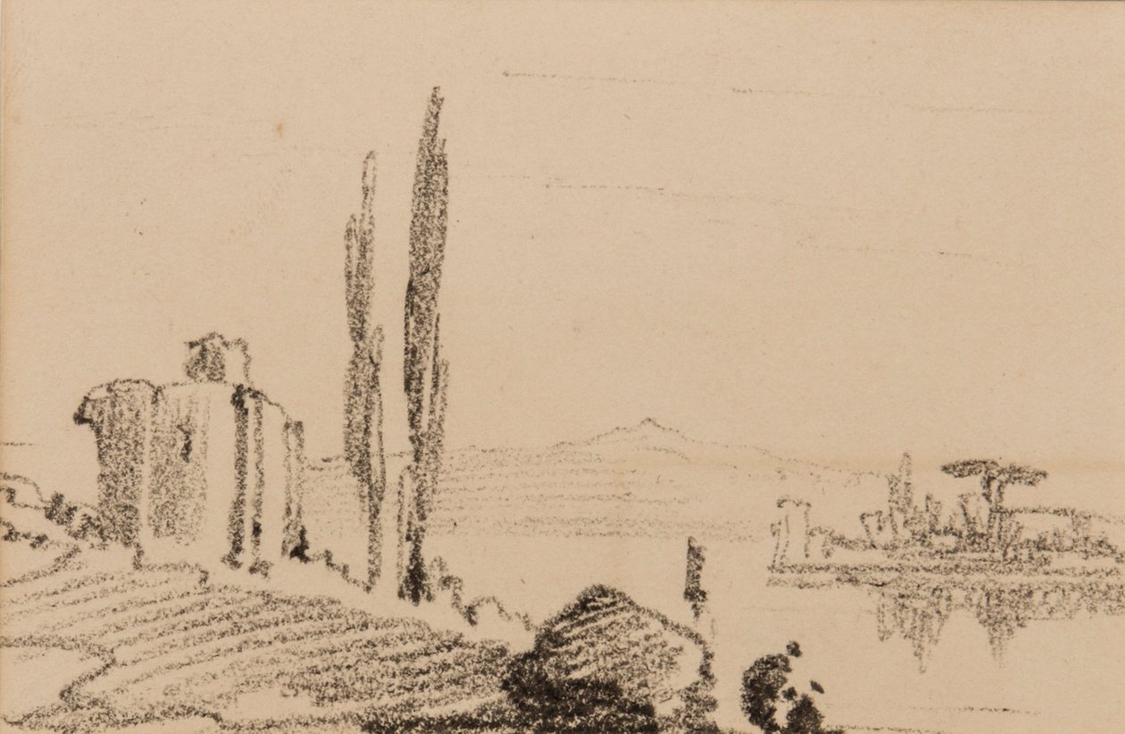 Italiensk capriccio, ca. 1837 (svart kritt på papir) av Edward Lear
