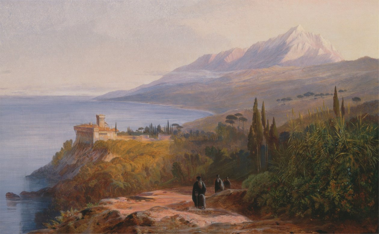 Athos-fjellet og klosteret Stavronikétes av Edward Lear