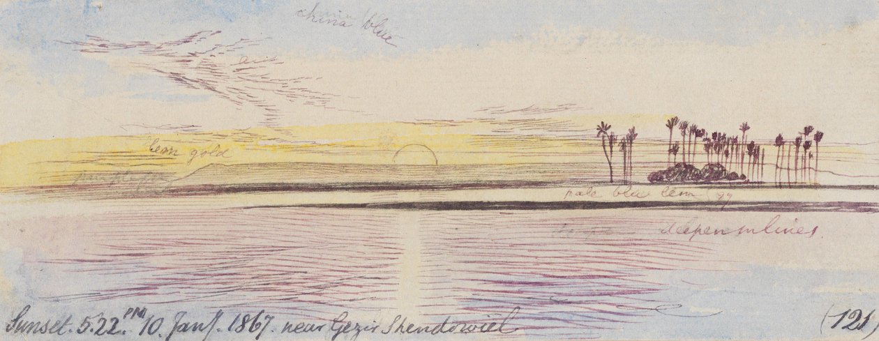 I nærheten av Gezir Shendowiel; solnedgang, kl. 17.22, 10. januar 1867 (121) av Edward Lear