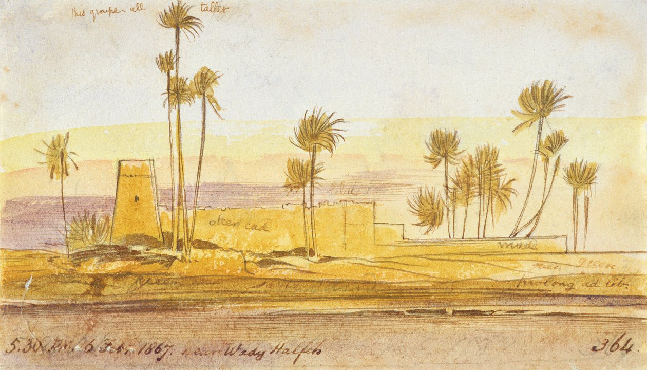 Nær Wady Halfeh, kl. 17.30, 6. februar 1867 (blekk og wc) av Edward Lear