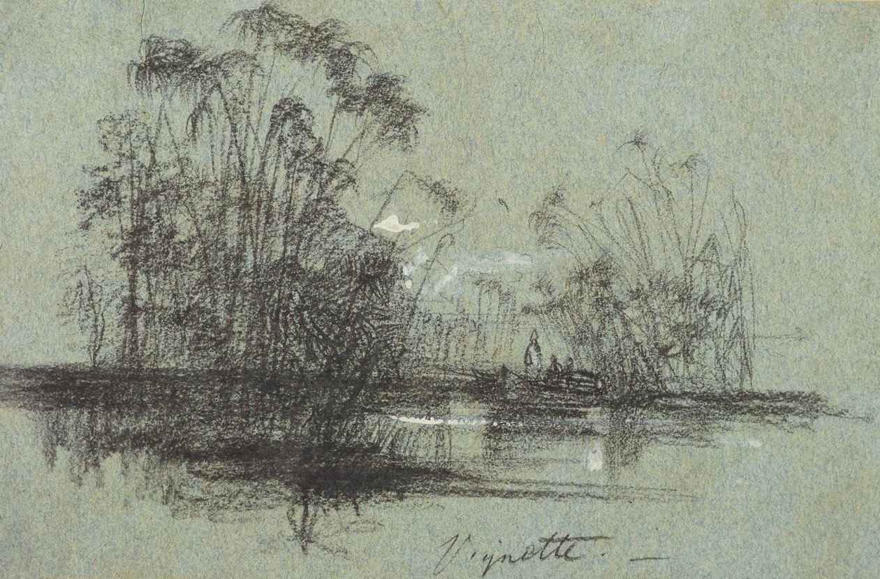 Papyrus on the Anapus, fra Views of Sicilia (svart kritt og kroppsfarge på blått papir) av Edward Lear