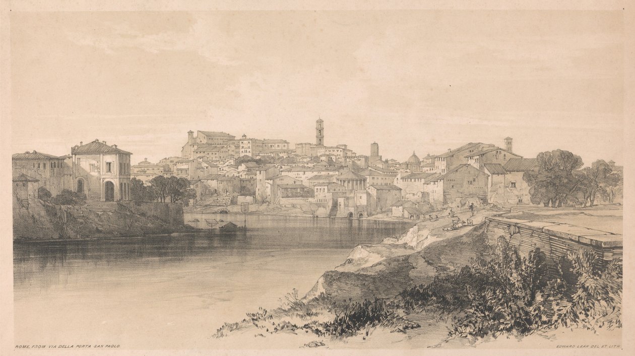 Roma sett fra Via della Porta San Paolo, fra *Utsikter i Roma og omegn*, 1841 av Edward Lear