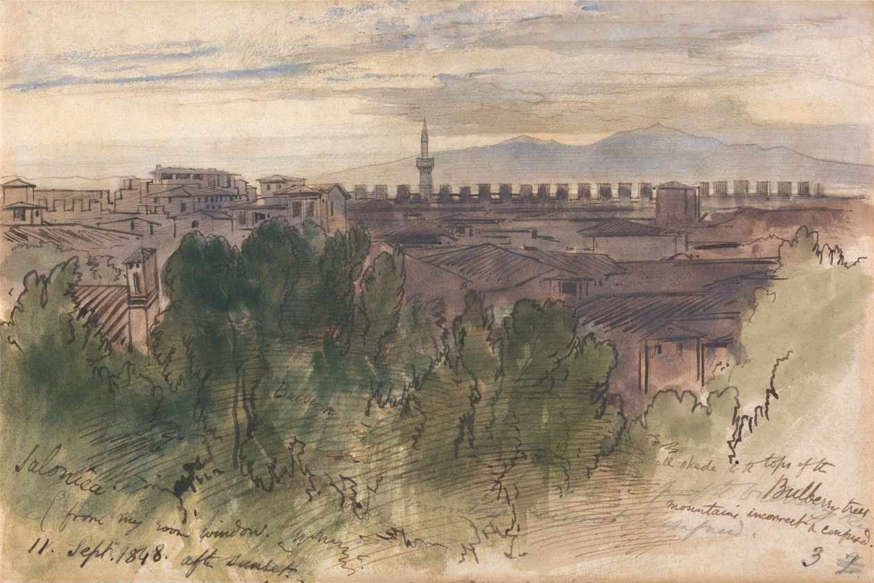 Thessaloniki, sett fra rommet mitt, 11. september 1848, etter solnedgang av Edward Lear