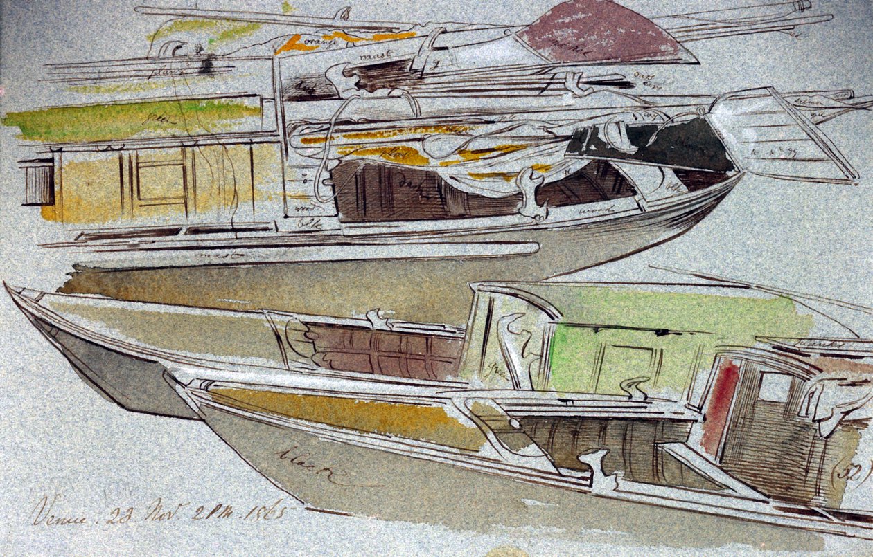 Studier av venetianske båter, fortøyd. Farget akvarelltegning, av Edward Lear (1812–1888). av Edward Lear