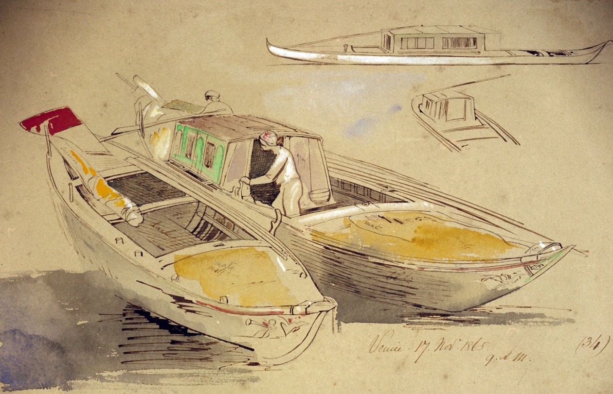 Studier av venetianske båter på land. Farget akvarelltegning av Edward Lear (1812–1888). av Edward Lear