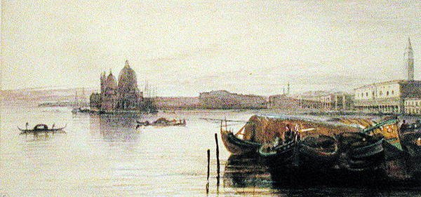 Kirken Santa Maria della Salute, Venezia (akvarell på papir) av Edward Lear